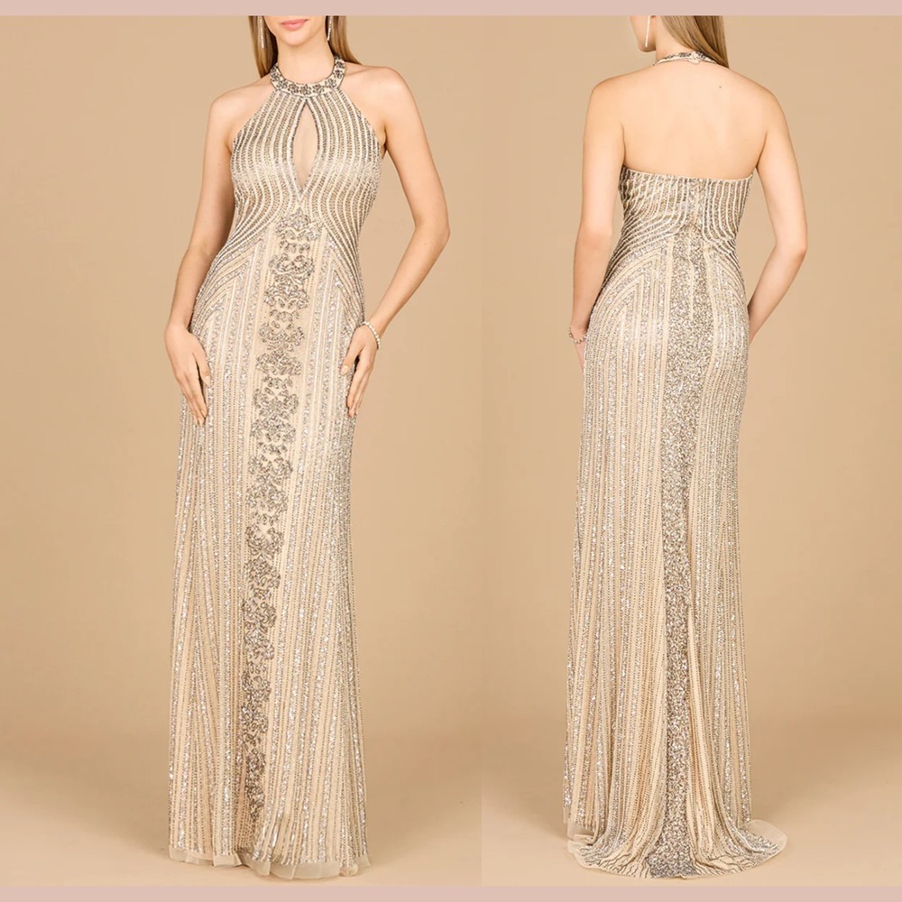 NWT $498 Lara New York‎ [ 8 ] 29600 Beaded Halter Keyhole Neck Gown Nude S2067